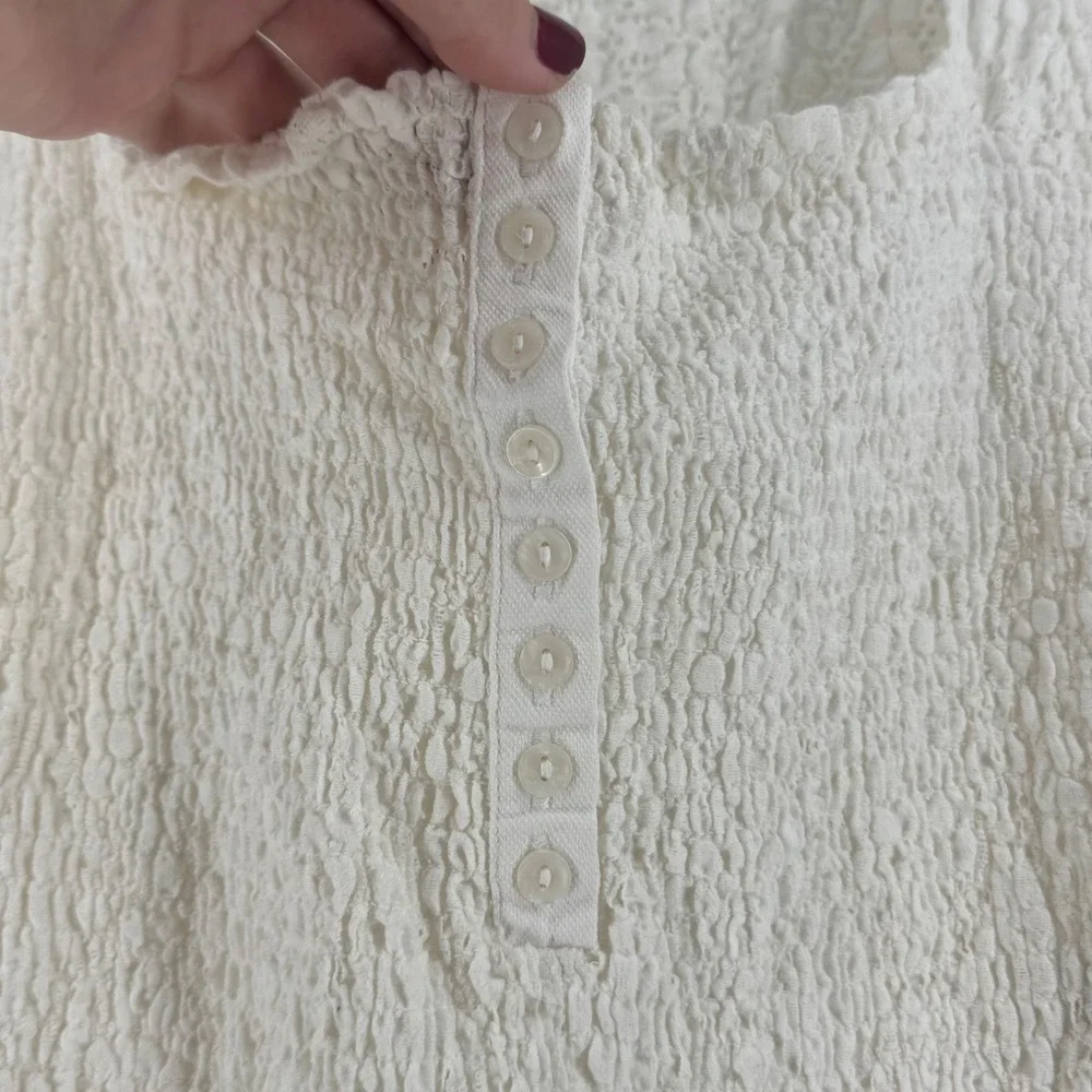 Free People Ivory Smocked Lace Long Sleeve Henley Top Scoop Neck Cream Size M